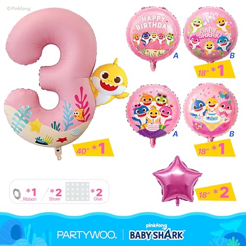 Image of PartyWoo Baby Shark Pink Foil Number 3 Balloon 5pcs 40 18 Inch Pink Round Star Mylar Helium Birthday Balloons for Boys and Girls Baby Shark Under the Sea Ocean Kids Third Birthday Party Decorations