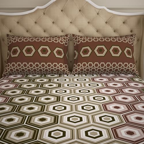 Image of Spaces Double Bedsheet | Premium 100% Cotton Bedsheet with 2 Pillow Covers | Super Soft, Breathable & Skin Friendly Bed Linen | Geometric Design | 224Cmx274Cm /43Cmx68Cm | Brown