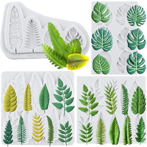 FCKEMLDS Tropical Leaf Silicone Molds Monstera Leaves Fondant Molds Fern Leaf Chocolate Mold Palm Leaves Candy Mold For Cake Decoration Cupcake Topper Polymer Clay Gum Paste Set of 4