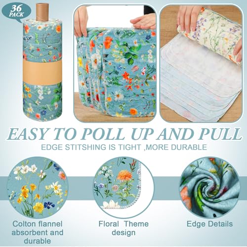 Image of Redbaker 36 Pcs Reusable Paper Towels Rolls Kitchen Towels Bulk Washable Paperless Cloth Cotton Hand Napkins with Cardboard Reusable Napkins for Kitchen Bathroom (Flower Style)