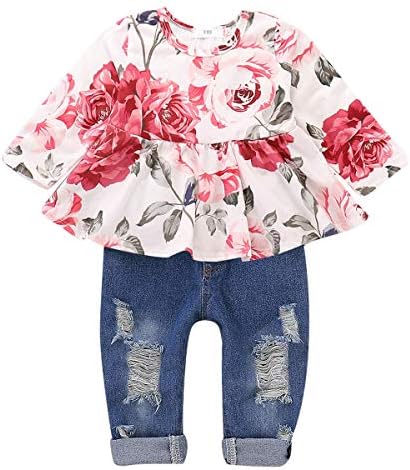CARETOO Girls Clothes Outfits, Cute Baby Girl Floral Long Sleeve Pant Set Flower Ruffle Top