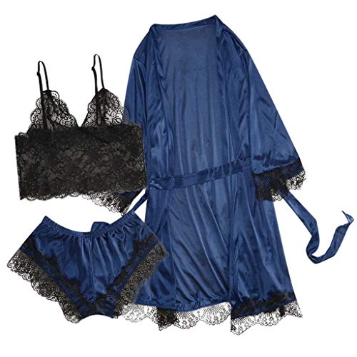SamMoSon_Donna Pigiami da Donna Sexy in Pizzo Intimo da Notte Abito da Notte Set da 3 Pezzi - Inverno Kimono Lana Meno Snellente Mutande Open Obsessive Oro Outlet qualita (Marina Militare, M)