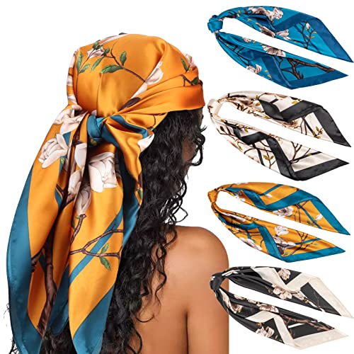 Image of DRESHOW 35 inch Large Square Satin Head Scarf - 4Pcs Silk Accessories Classic Patterned Squares Beach Bandanas for Women
