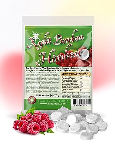 Xylit Bonbons | Tschüß Karies: 35 Zahnpflegebonbons mit 100% Birkenzucker Xylit | zuckerfrei, zahnfreundlich, vegan, einzeln verpackt | Himbeergeschmack