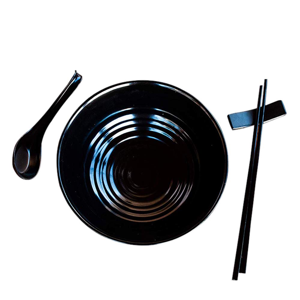 2 große Ramenschalen Set aus Melamin für asiatische, chinesische, japanische oder pho Suppen, 1,6 l mit Löffeln, Stäbchen und Halterungen, komplettes Müsli und Nudelgeschirr.