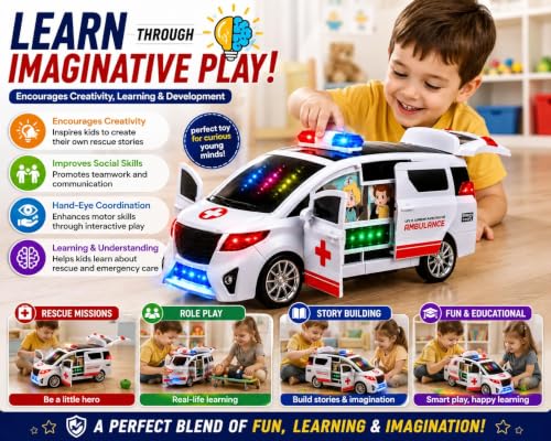 Image of TEC TAVAKKAL Bump & Go Toy Car with Lights & Music, Opening Front Doors, Sliding Side Door &Rear Trunk,360 Rotating Electric Rescue Vehicle, Educational Toy Gift for Kids (Ambulance Car Toy)
