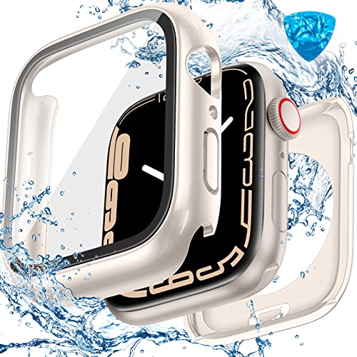 Image of 3 in 1 Goton Waterproof Hard Case for Apple Watch Screen Protector 40mm, 360 Slim Full Protective Tempered Glass Face Cover + Back Hard PC Bumper for iWatch SE 3 /SE 2 /SE, Series 6 /5 /4,40mm Starlight