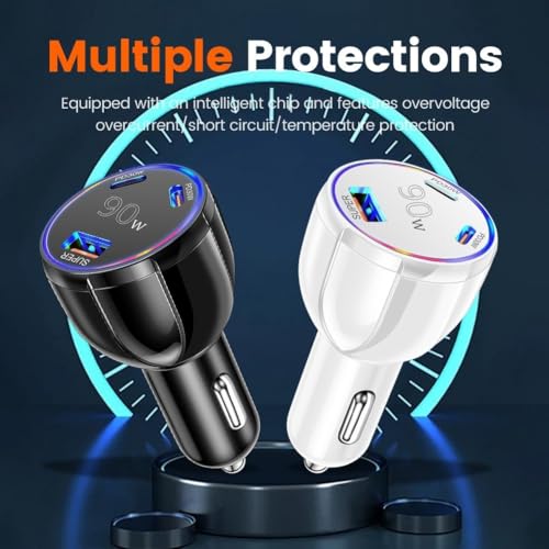 Fast 90W Car Charger with 3 Ports Including USB for QC3.0 and 2 PD 30W Ports Suitable for Smartphones and Tablets (Black) - Image 5