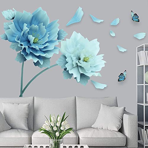 Supzone Blue White Flower Wall Sticker Large Lotus Wall Decals Floral And Butterfly Wall Decor Diy Vinyl Mural Art For Bedroom Living Room Offices Study Room Home Decoration #TOP1