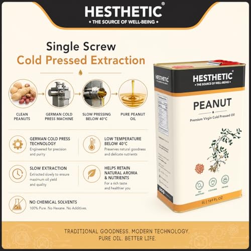 Image of HESTHETIC Cold Pressed Peanut (Groundnut) Oil 5L Family Pack | Pure Moongfali Ka Tel | Unrefined High-Smoke-Point Cooking Oil, Rich in MUFA | Ideal for Indian Kitchen