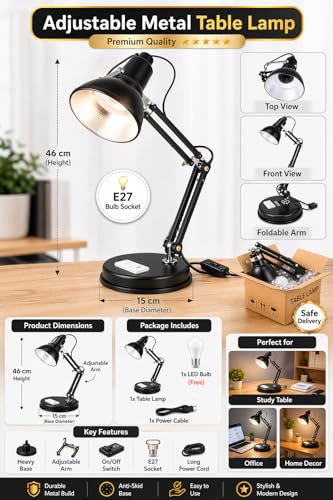 Image of Lamps Adjustable Metal Table Lamp, Black, with LED Bulb, B22 Socket, Foldable Arm, for Study, Office and Home Decor Pack of 1