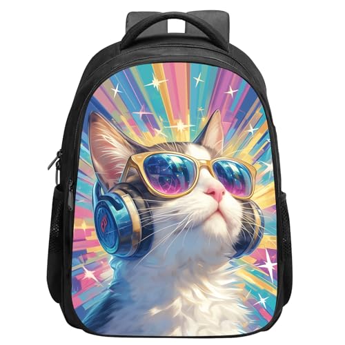 Cat Backpack for Girls, Funny Cat wear Sunglasses Love Music Bookbag, kitty Girls Backpack, Elementary School Boys Girls School Bag, 16 Inch, Colorful Rainbow Stars