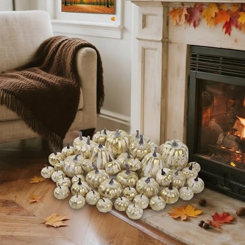 Image of winemana 46 Pcs Artificial Gold Pumpkins Fall Decorations for Home | Foam Material, Assorted Sizes, Halloween Autumn Thanksgiving Decor, For Table Centerpiece Mantle Bowl Wedding Party
