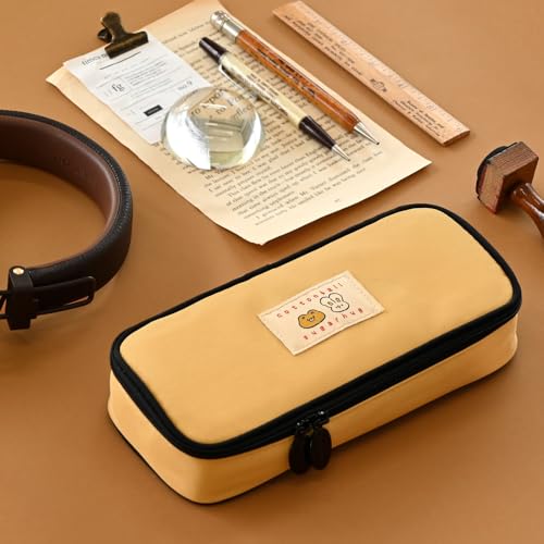 Image of Monolike Unmatched Friends Standard Pencil Case, Caramel - Water-Resistant Nylon Pencil Case, Large Capacity Pen Pouch, Aesthetic Stationery Organizer for Office