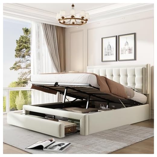 Upholstered Double Bed 135 x 190cm, Ottoman Storage Bed with Hydraulic Lever and Drawer, Large Storage Space, Velvet Fabric Ottoman Lift Up 4FT6 Double Bed Frame, No Mattress (Cream, 135 x 190cm)