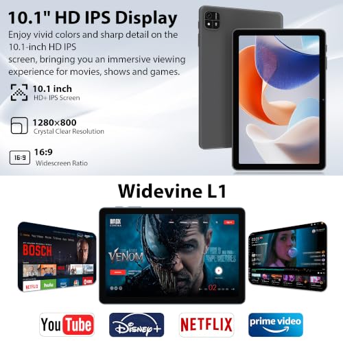 Image of 10.1 inch Android 16 Tablet with Keyboard, 30GB +64GB, 2-in-1 Tablet | Octa-Core, 1280x800 IPS HD Touchscreen, 6000mAh, 1TB Expand, Dual Camera, Widevine L1, 5G WiFi, BT5.0, GPS, Eye Care, Black