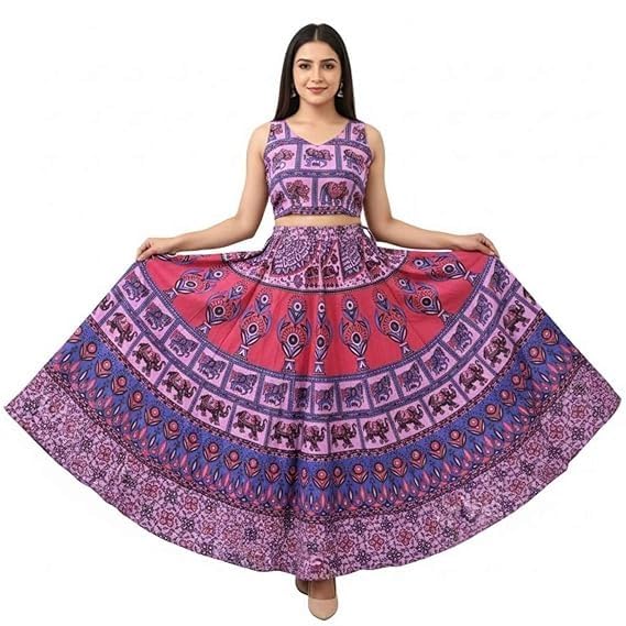 Image of HARSHITA-Enterprises Jaipuri Women's Cotton Printed Elastic Long Skirts