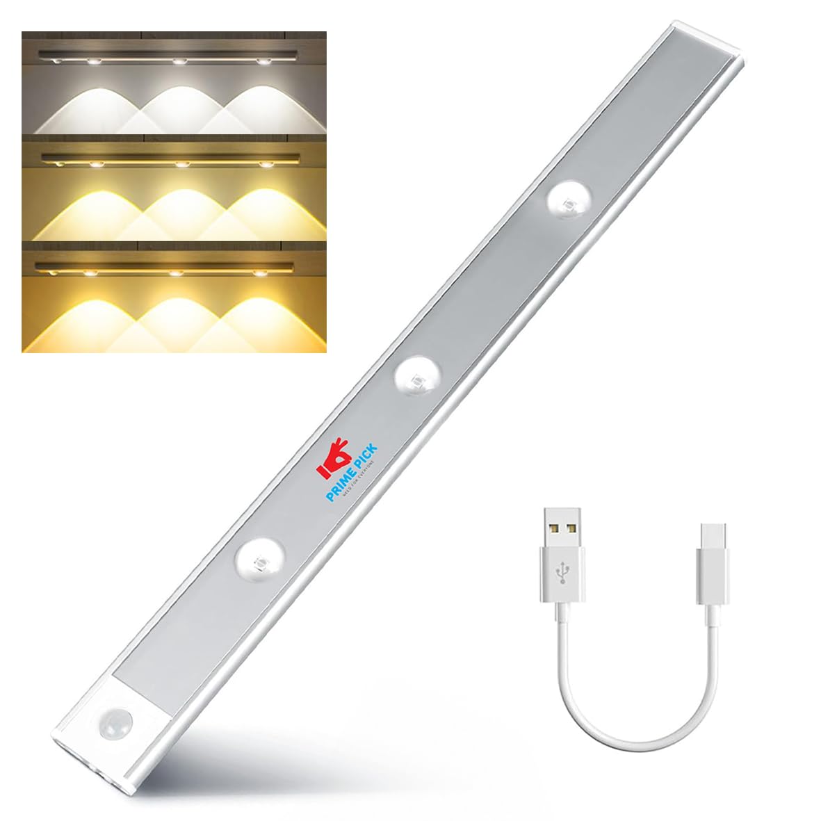 PRIME PICK Under Cabinet Light, LED Motion Sensor, 3 Colors USB-Rechargeable Battery Operated/Dimmable/Wireless，Stick on Strip Lighting with Magnetic for Kitchen,Cabinet,Wardrobe,Bedroom-3 Beads-image-14