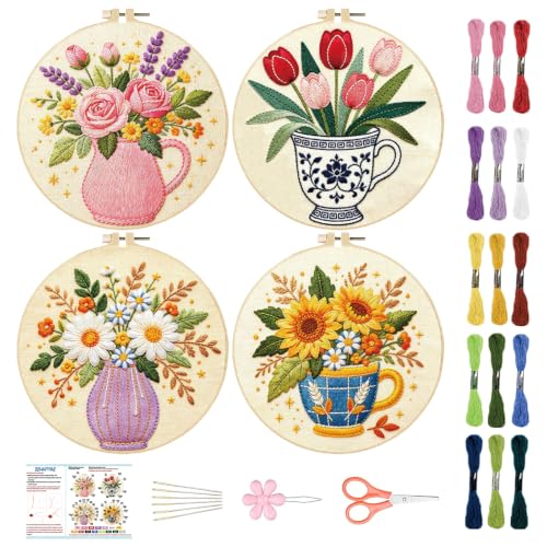 Image of BEUNITONE 4 Set Embroidery Kits for Beginners, Flower Arrangement Design with Pre-Stamped Pattern Craft Kits Include Instruction and Hoops, 7.9x7.9 Needlepoint Kits for Festival Gifts and Home Decor