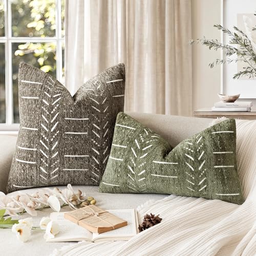 Image of Foindtower Set of 2 Decorative Chenille Jacquard Throw Pillow Covers Textured Farmhouse Lumbar Cushion Covers Modern Boho Accent Home Decor for Sofa Chair Couch Bed Living Room,12x20 Inch,Olive Green
