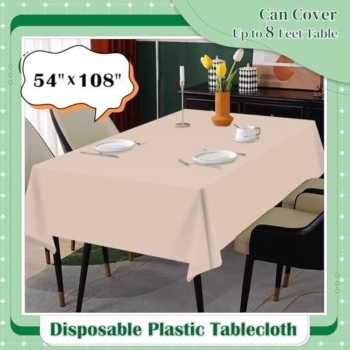 Image of Beige 14 Pack 54 x 108 Inch Plastic Tablecloths, Disposable Rectangle Tablecloth, Party Table Cover Plastic Table Cloth