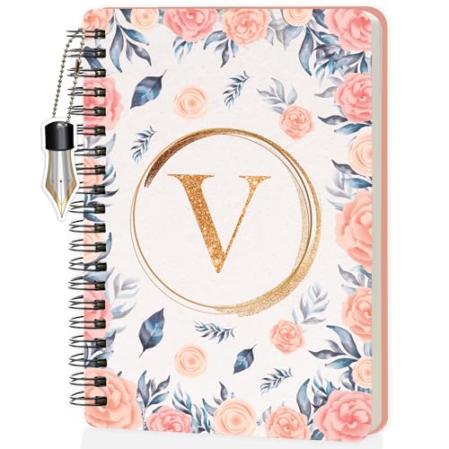 Image of Jhingalala Diaries - A5 Hardbound Floral Design Diary Cover With Initial Letter Wiro Notebook Diary With Dangler I Spiral Notebook With Planner and Calendar 2024 I 160 Undated Ruled Pages (Initial V)