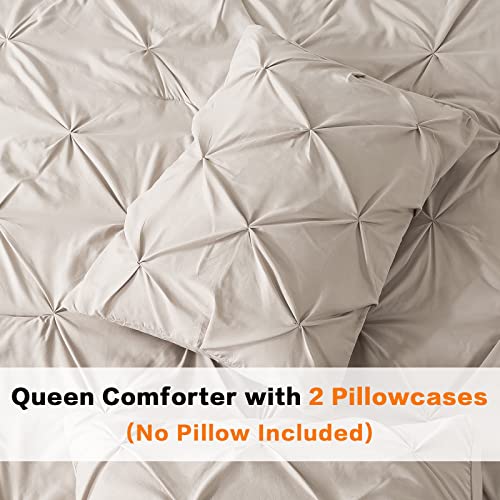 Andency Khaki Pinch Pleat Comforter Queen(90X90Inch), 3 Pieces(1 Pintuck Comforter And 2 Pillowcases) Pintuck Comforter Set, Microfiber All Season Down Alternative Bedding Set #TOP5