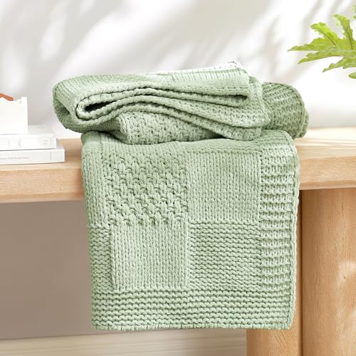 Amélie Home Checkered Chenille Knit Throw Blanket for Couch, Classic Texture Decorative Soft Blanket for Sofa, Chair & Bedroom, 60"x80", Sage Green