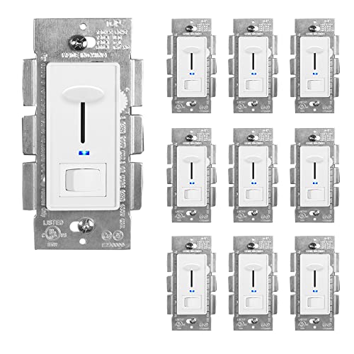 Maxxima Dimmer Electrical Light Switch with Blue Indicator Light, LED Compatible, 3-Way/Single Pole, 600 Watt (Pack of 10) Maxxima Dimmer Electrical Light Switch with Blue Indicator Light, LED Compatible, 3-Way/Single Pole, 600 Watt (Pack of 10)