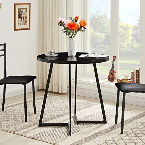 VECELO-Round-Dining-Room-Table-with-Wood-Grain-Tabletop-and-Steel-Frame-for-Kitchen-Living-Room-Office-Conference-2-to-4-Person-Wood-Grain-Black VECELO Round Dining Room Table with Wood Grain Tabletop and Steel Frame for Kitchen Living Room Office Conference 2 to 4 Person Wood Grain Black
