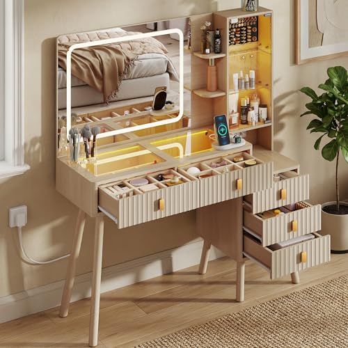 GOODONE 48' Vanity Desk with Mirror and Lights, Fluted Makeup Vanity Table Set with Large 30' Mirror...