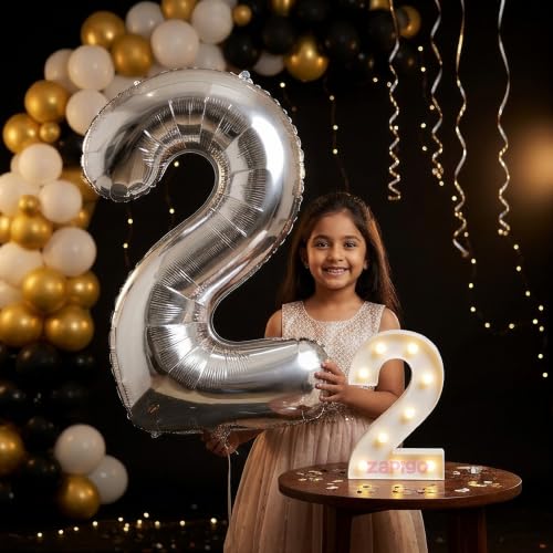 Image of Balloonistics Silver 40-Inch Foil Number 2 Balloon with Matching LED Marquee Light - Combo Set for 2nd Birthday, Anniversary, Party Decoration, Photo Booth Backdrop, Cake Table Decor