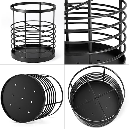 Image of WDT Tool Utensil holder for Kitchen Counter - 5.2 inch x 5.2 inch x 6 inch Large Round Utensils Holder with Wooden Base Matte Black Cooking Utensil Holder，Kitchen countertop Utensil Organizer (Metal-1)