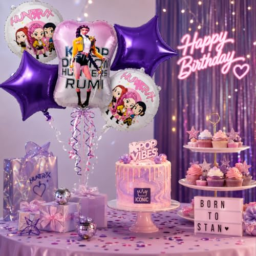 Image of Wanna Party Korean Pop Theme Rumi Print Birthday Balloon Bouquet Set - 5PC Foil Balloon Decoration, Helium Supported for Kids Birthday, Music Theme Party, Cake Table & Photo Booth Decor
