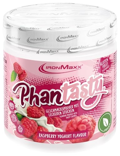 IronMaxx Phantasty - Yogur de frambuesa Lata de 250 g | Sabor vegano en polvo con trozos de auténtica fruta o frutos secos | Perfecto sustituto del azúcar