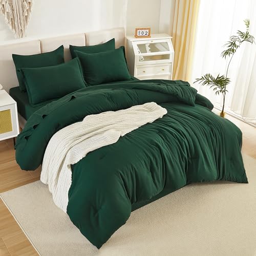 Litanika Super King Plus Comforter Sets Emerald Green - 7 Pieces Bed in a Bag Oversized King Bedding Comforter Sets, Solid Lightweight Bed Set with Comforter, Sheets, Pillowcases & Shams