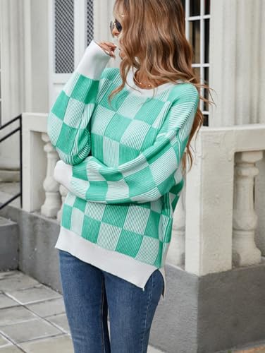 Image of Famulily Womens Long Sleeve Crew Neck Sweater Color Block Plaid Checker Pullover High Low Side Slit Pullover