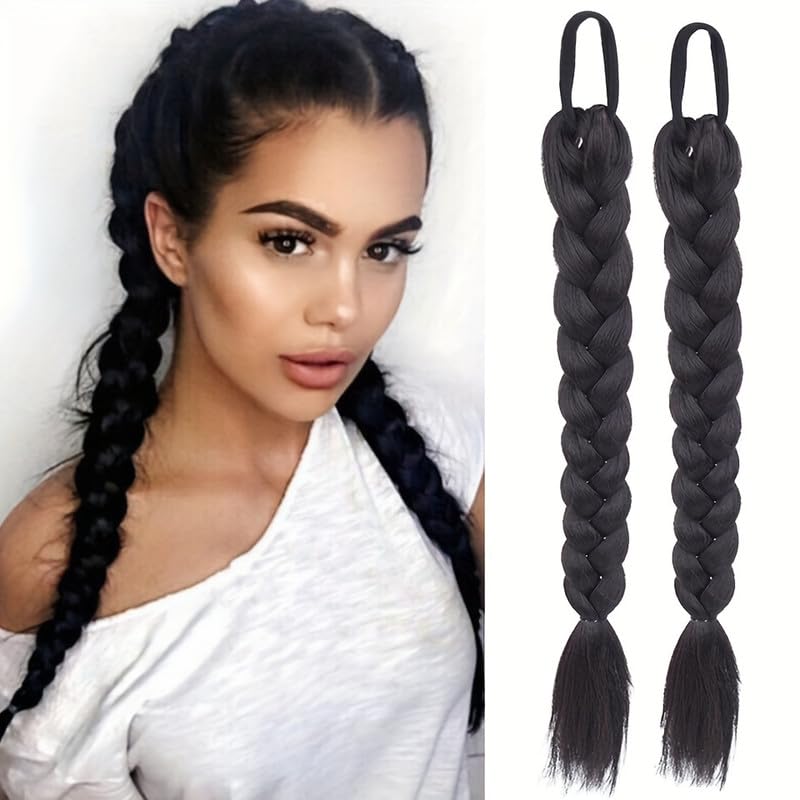 Image of 24 inch Heat Resistant Clip In Synthetic Straight Hair Extensions - Synthetic Hair Extension /Ponytail Long Braided Ponytail With Elastic Hair Ties Synthetic Hair Extensions (Style 5)
