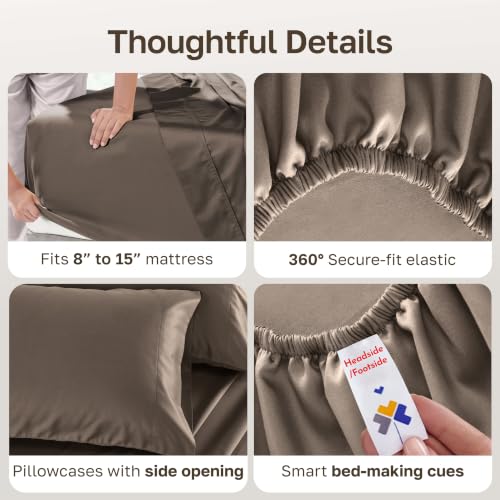 Image of California Design Den 500TC 100% Cotton Split King Sheet Set Mushroom Brown | Good Housekeeping Seal, OEKO-TEX Certified, Silky-Soft Sateen Weave, 5pc Set, 15 inch Deep Pockets, For Hot Sleepers, All-Season
