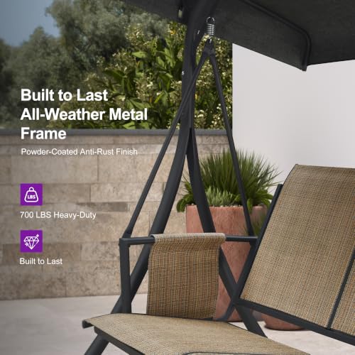 Image of PURPLE LEAF 3-Seat Outdoor Porch Swing with Adjustable Canopy, Heavy Duty Aluminum Frame Patio Swing Chair for Adults, Ideal for Backyard Patio Poolside, Camel