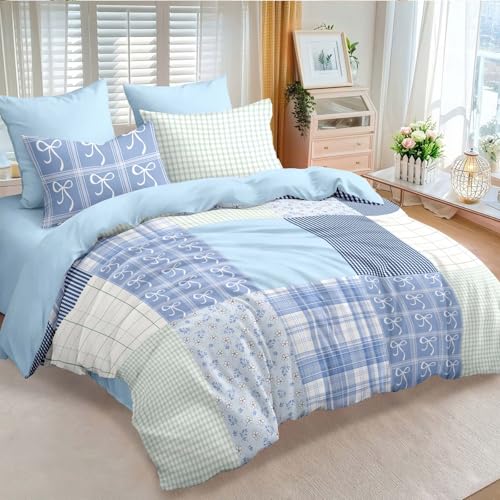 Image of Nayoroom Plaid Duvet Cover Queen Size Reversible Blue Patchwork Checkered Duvet Cover Dorm Bedding Set 3 Pieces Soft Lightweight Washed Microfiber Farmhouse Bedding Set Gifts for Women Men