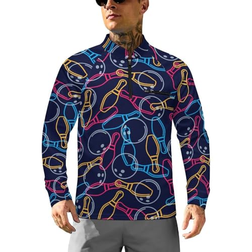 Colorful Outline of A Bowling Ball Men's Rash Guard Long Sleeves Quick Dry Fishing Workout Shirts with Zipper