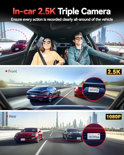 REDTIGER 530° Dash Cam 3 Channel, 2.5K+2.5K+1080P Triple Car Camera with 128GB Card, IR Night Vision, Touch Screen, Dashcam for Front Inside Rear Included WiFi GPS, 24H Parking Mode - Thumbnail 3