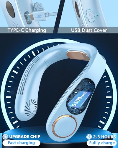Face Fan Neck Cooler -Around the Neck Air Conditioner Hanging Neck Fan,Cordless Bladeless Headphone Battery Cooling Neck Cooler Device,Birthday Gifts for Home,Office,Outside,Travel,Sports Blue