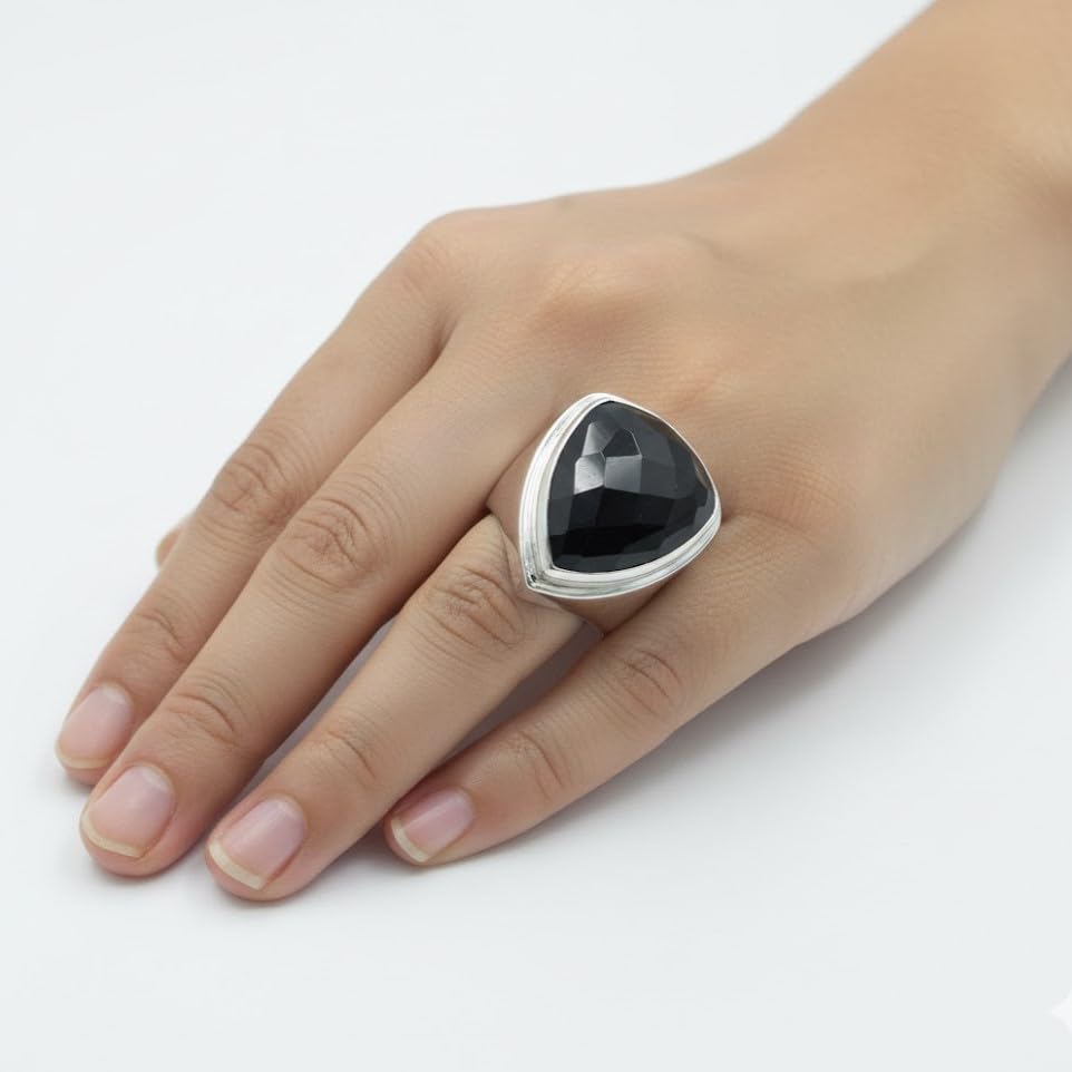 Image of 55Carat Natural Black Onyx Ring Sterling Silver Trillion Shape Chakra Healing US 4,5,6,7,8,9,10,11,12