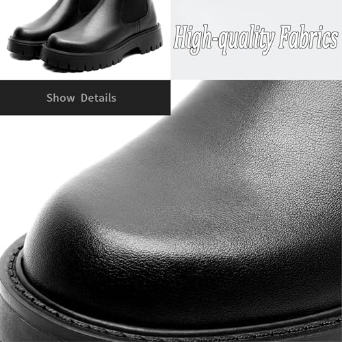 Men's Genuine Leather Elastic Panels Platform Chunky Heel Chelsea Boots Fashion Round Toe Slip On Lug Sole Warm Dress Ankle Boots for Business Work4
