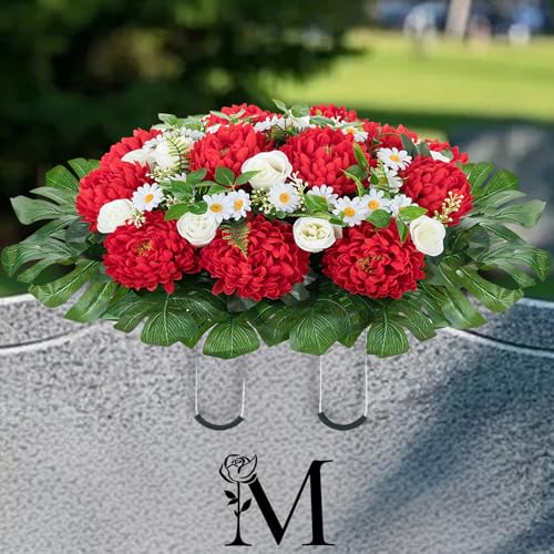 Headstone Flower Saddle for Cemetery: 1 Pc Red Chrysanthemum Artificial Cemetery Saddles for Headstones - Outdoor Grave Decorations image 8