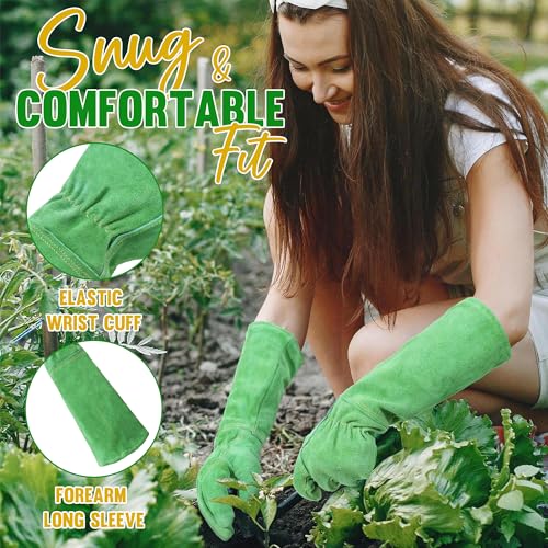 Image of HANDLANDY Leather Gardening Gloves, Thorn Proof Long Gauntlet Heavy Duty Garden Gloves, Elbow Length Rose Pruning Weeding Yard Glove (Medium, Green) | Long Leather Gardening Gloves, Breathable Leather Gauntlet, Best Garden Gifts & Tools for Gardener (Green, M)