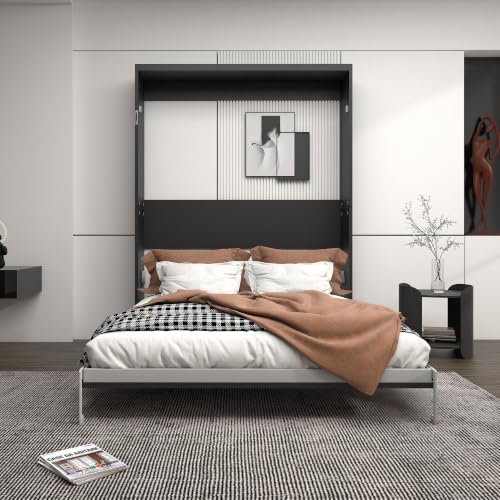 Image of KEIKI Queen Size Vertical Cabinet Murphy Bed with Solid Slats, Black | Multifunctional Foldable Hideaway Wall Metal Bed Frame, No Box Spring Needed, Easy Assembly, for Bedroom, Guest Room