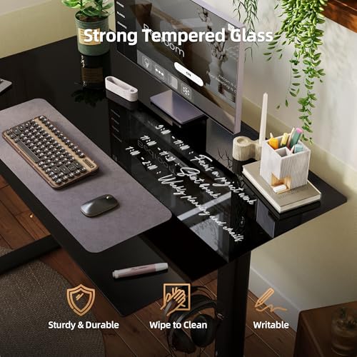 Image of INNOVAR Glass Standing Desk with Drawers 55 x 27.6 Inch Black